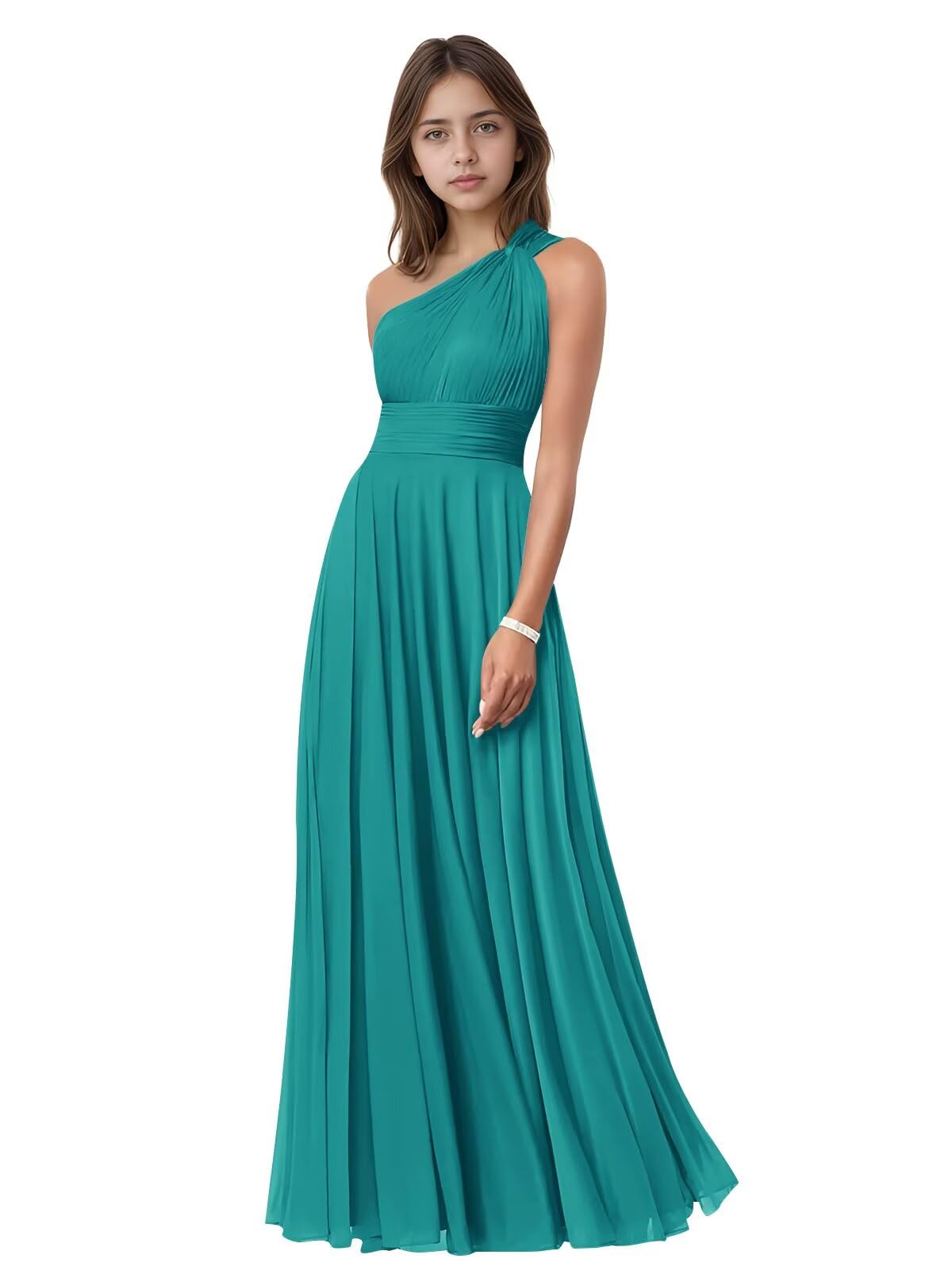 Chiffon Junior Bridesmaid Dresses for Wedding Girls One Shoulder Flower Girl Dress Long Ruffle Princess Pageant Gowns