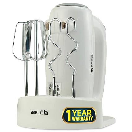 IBELL HM390L 200-W Hand Mixer Blender/Electric Cream Maker for Cakes with Base 5 Speed Control and 2 stainless Steel Beaters, 2 Dough Hooks (White)