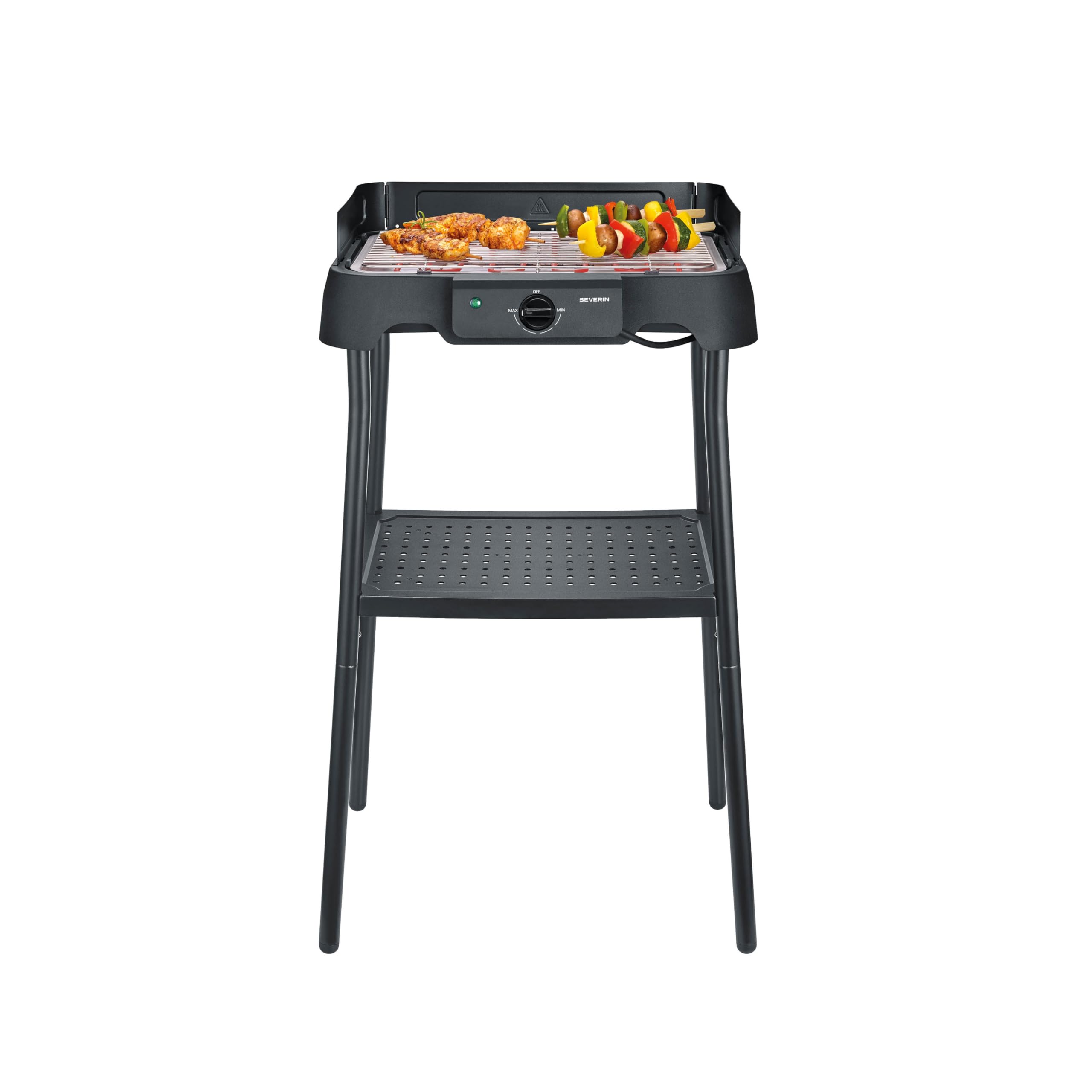 Severin Elektrogrill mit Standfuß, einstellbare Temperatur 35-200 Grad Celsius, schnelles Aufheizen, 38x22cm, Tischgrill mit Auffangschale, Edelstahl-Grillrost, Balkongrill, 2000W, schwarz, PG 8594