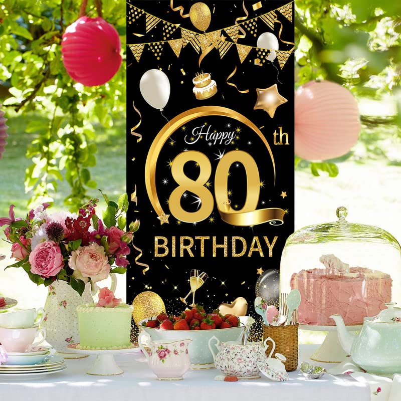 Striscione Buon Compleanno 80 Anni - Sfondo Festa 180x110 Cm, Nero E Oro, Per Decorazioni Party - Foto 10