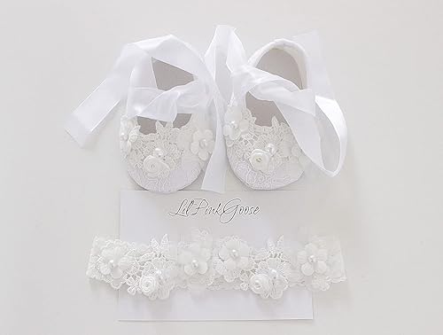 Miniatura 4 de Conjunto de zapatos de bautismo de encaje blanco recién nacido para niñas de 0 a 18 meses, conjunto de zapatos de vestir de boda para niños pequeños