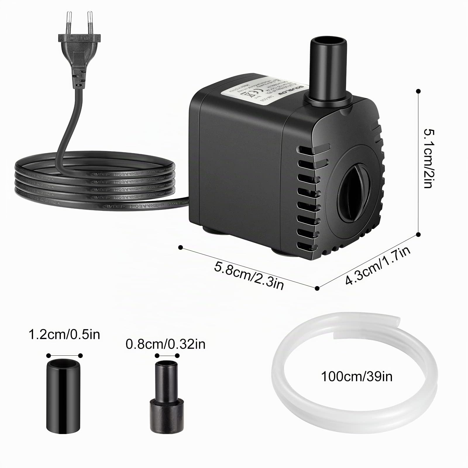 Pompe à eau submersible 8 W 600 l/h AC220-240 V avec 2 buses pour aquarium, étang, fontaines, jardin Noir Plastique Modern Pompe à eau
