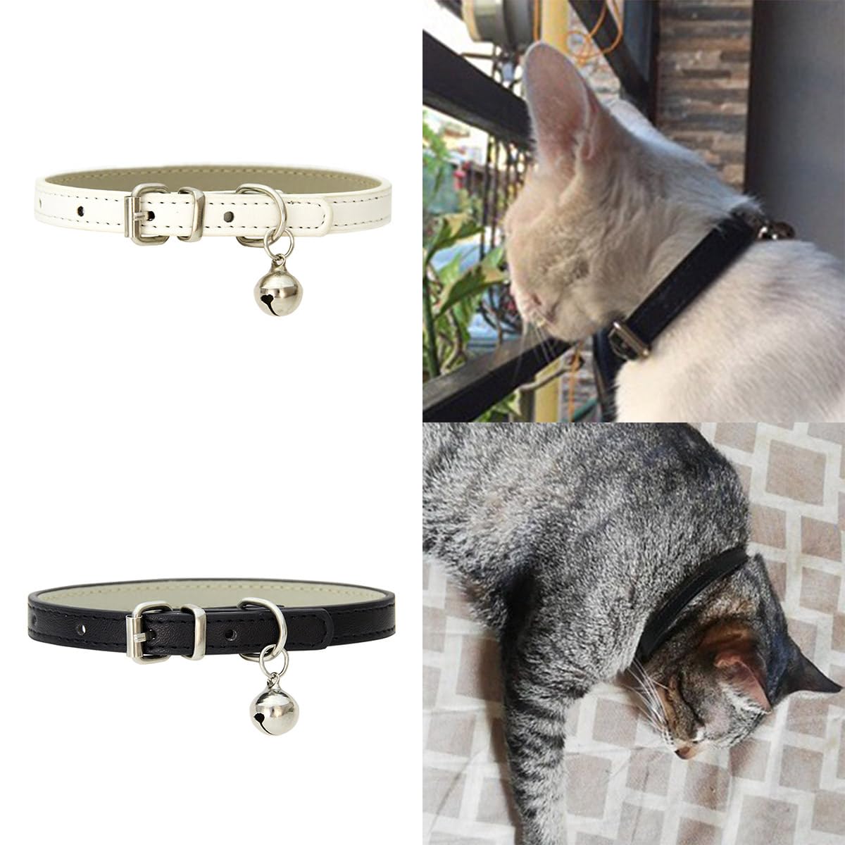 Colliers De Chat en Cuir avec Clochette Collier Réglable en Cuir Doux Collier Chat pour Chat, Chaton, Chiot, Petit Chien (Noir+Blanc)