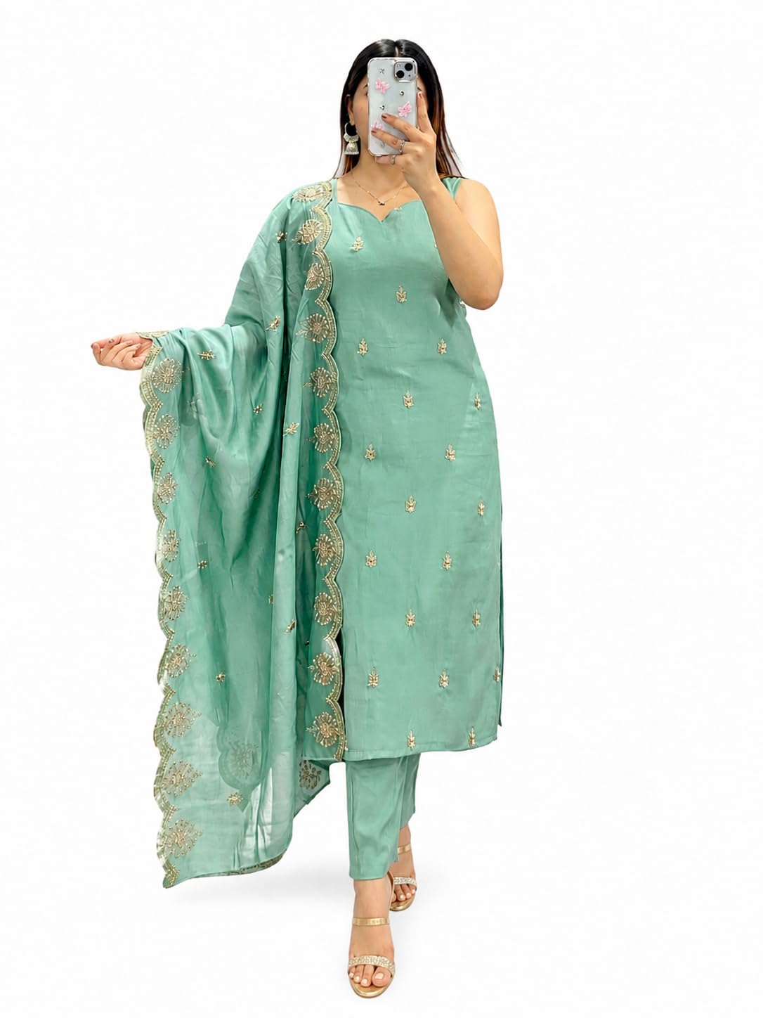 Women’s Sea Green Embroidered Kurta Set with Pants & Dupatta-image-29