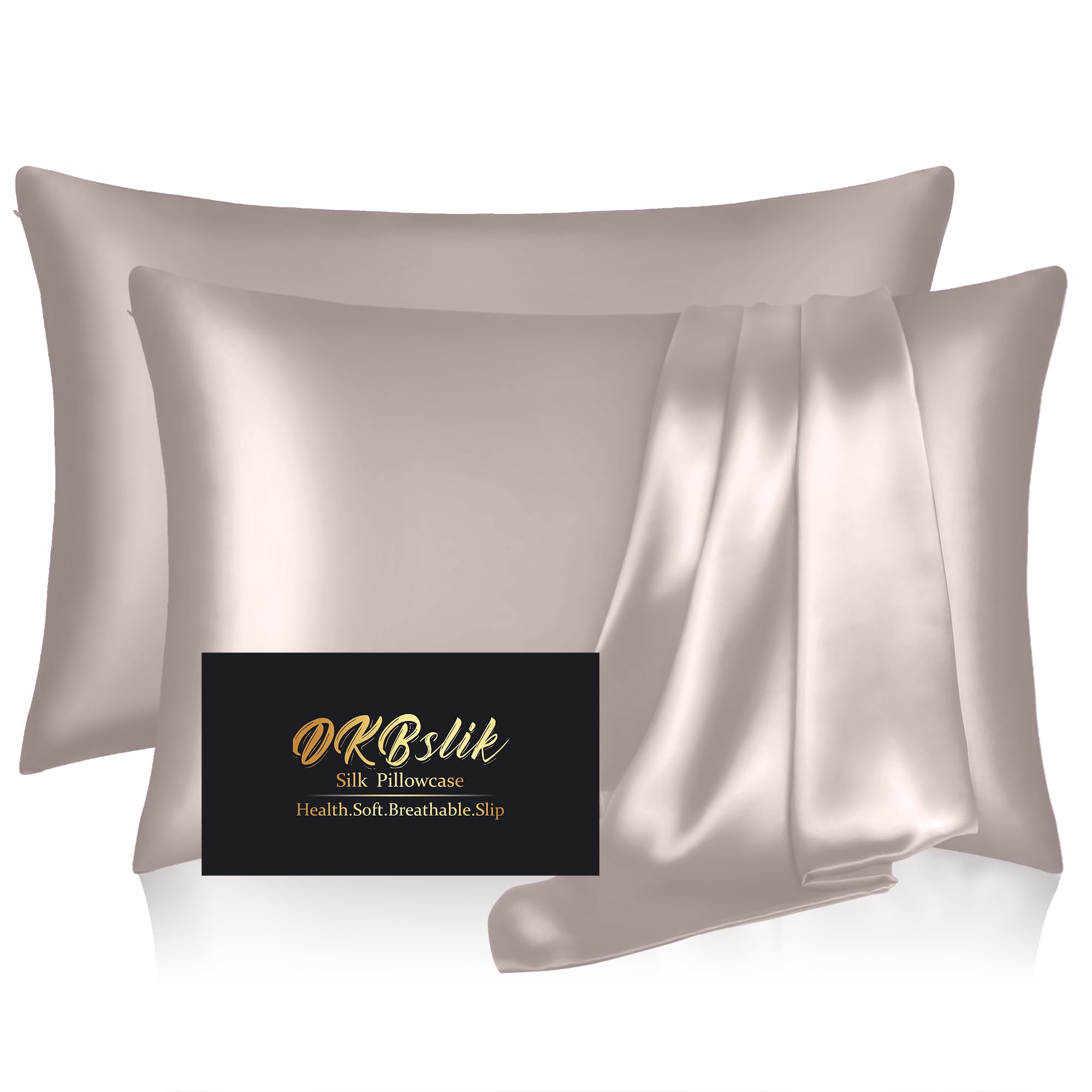 Silk Pillow Cases 2 Pack, Mulberry Silk Pillowcases Standard Set of 2, Smooth, Anti Acne, Both Sides Natural Silk Satin Pillow Cases for Sleeping Women 2 Pack with Zipper, Taupe