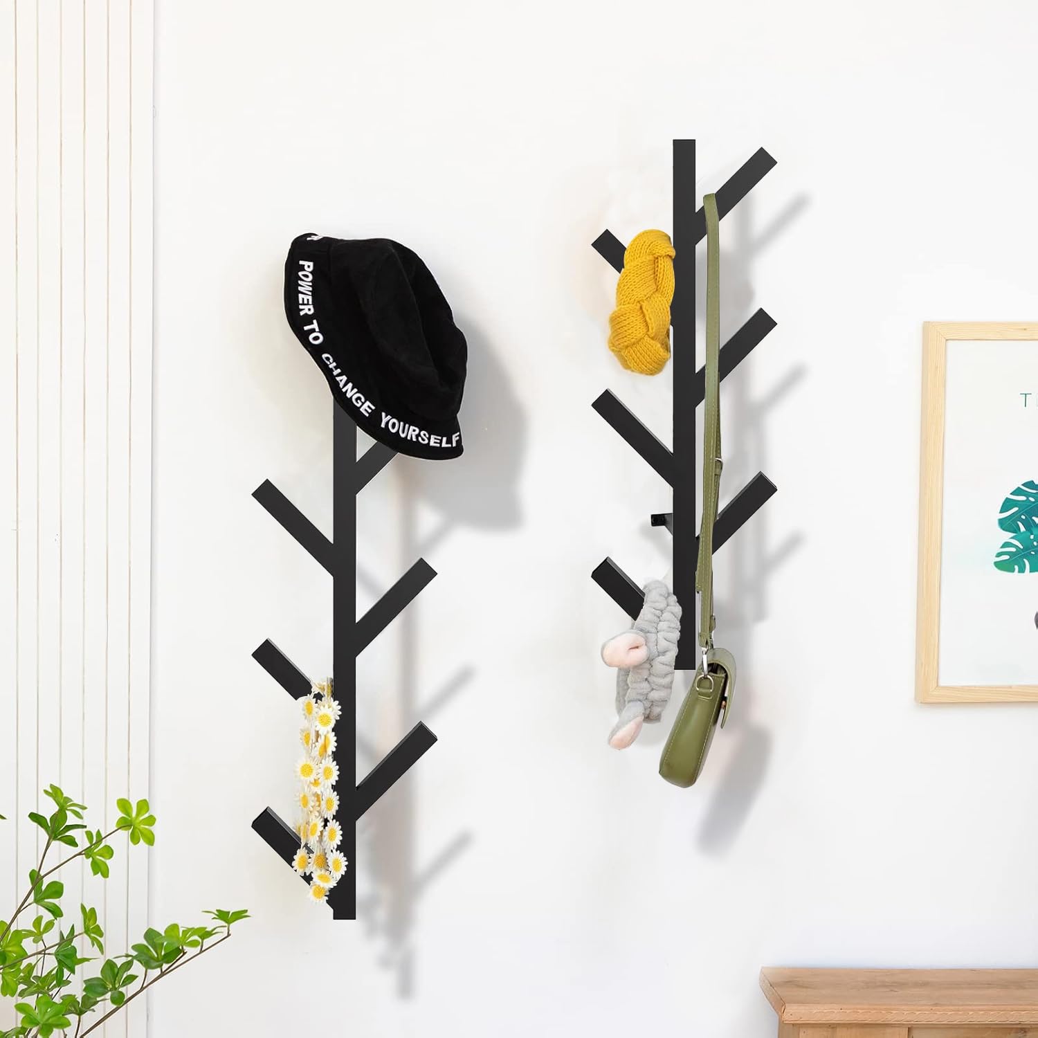 Appendiabiti e cappelliere, montaggio a parete, robusto appendiabiti in legno, per ingresso, ingresso, con base solida per cappello, vestiti, borsa, sciarpe, borse, ombrelli, set da 2 (natura