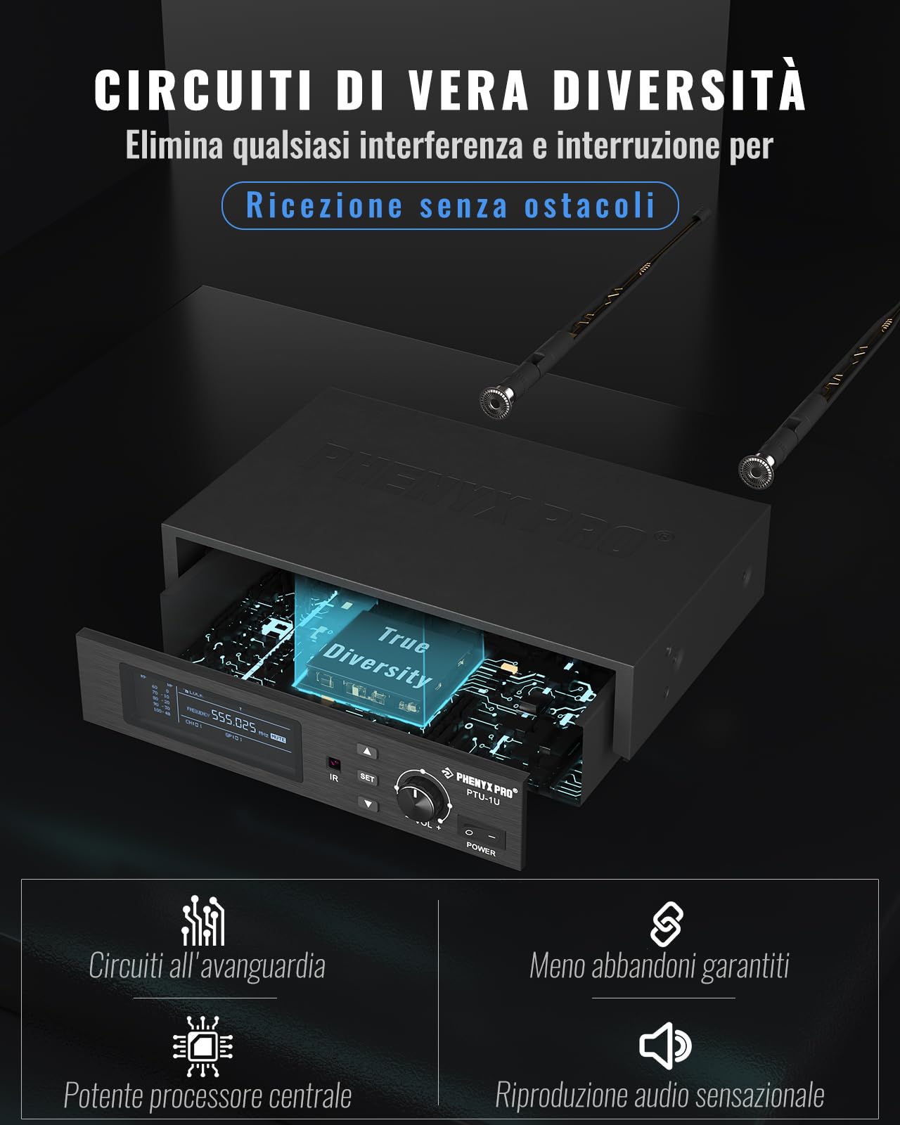 Phenyx Pro Sistema Microfono Wireless UHF monocanale PTU-1U-1H | True Diversity, Auto Scan, 1000 canali regolabili, portata 328 ft, sync IR, microfono dinamico, voce live