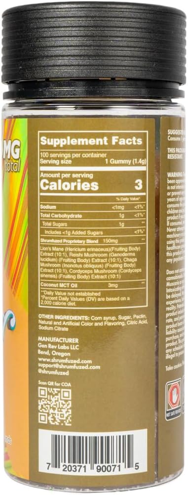 Shrumfuzed Miniz - Proprietary Nootropic Gummy 32000mg - Now with New Improved Taste - Lion's Mane, Reishi, Chaga, Cordycep, and Proprietary Nootropic Mushroom Blend (100pk, Tropical Peach)