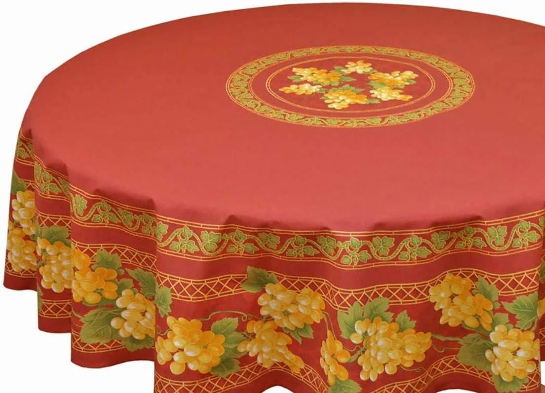 Le Cluny, Grapes Crimson Red, French Provence 100 Percent Coated Cotton Tablecloth, 70 Inch Round