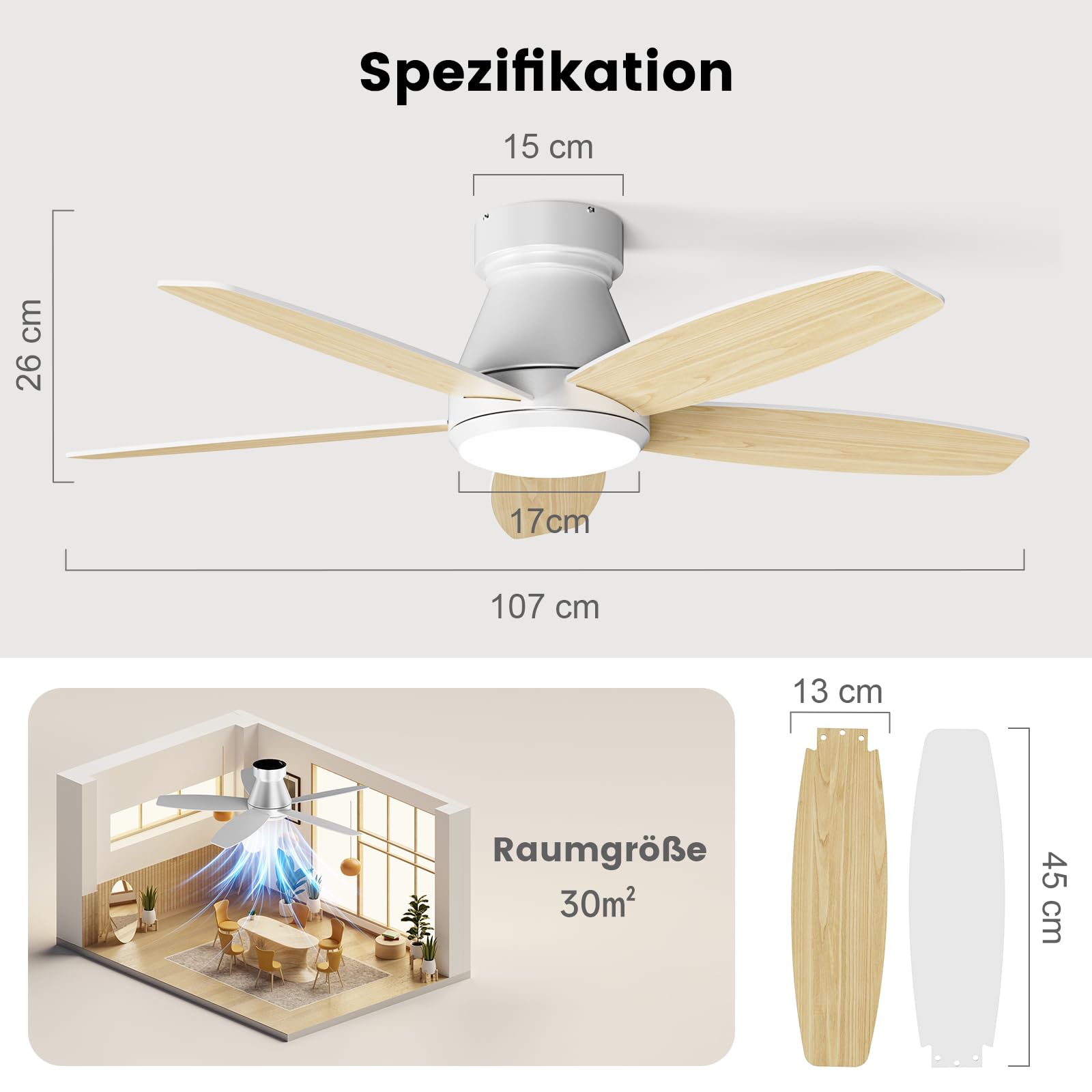 Deckenventilator mit Beleuchtung 107 cm 5 Blätter Deckenventilator mit Fernbedienung 6 Gänge Ultraleiser Reversibler Gleichstrommotor Dimmbare LED Doppelseitige Flügeln für Schlafzimmer Wohnzimmer