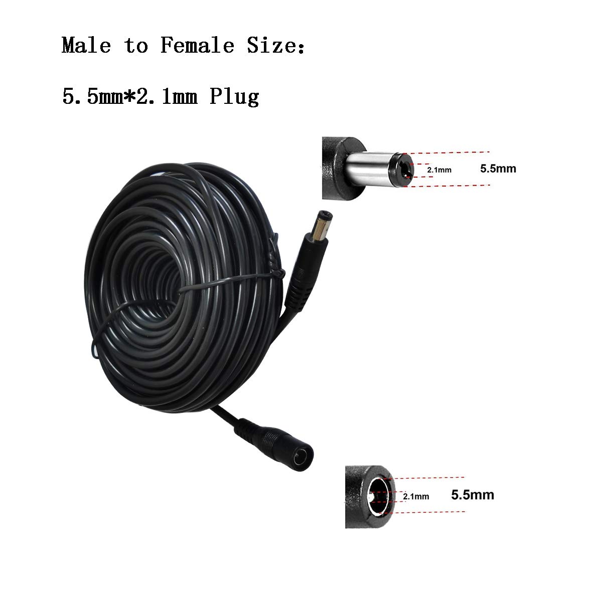 12 V DC Stromverlängerungskabel, 2,1 mm x 5,5 mm Stecker, Universal-Verlängerungskabel, kompatibel mit 12 V Netzadapter für Heim-Sicherheits-IP-Kamera, 20 m, Schwarz