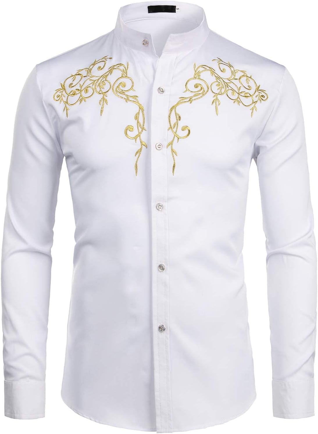 ZEROYAA Mens Western Design Floral Embroidery Slim Fit Long Sleeve