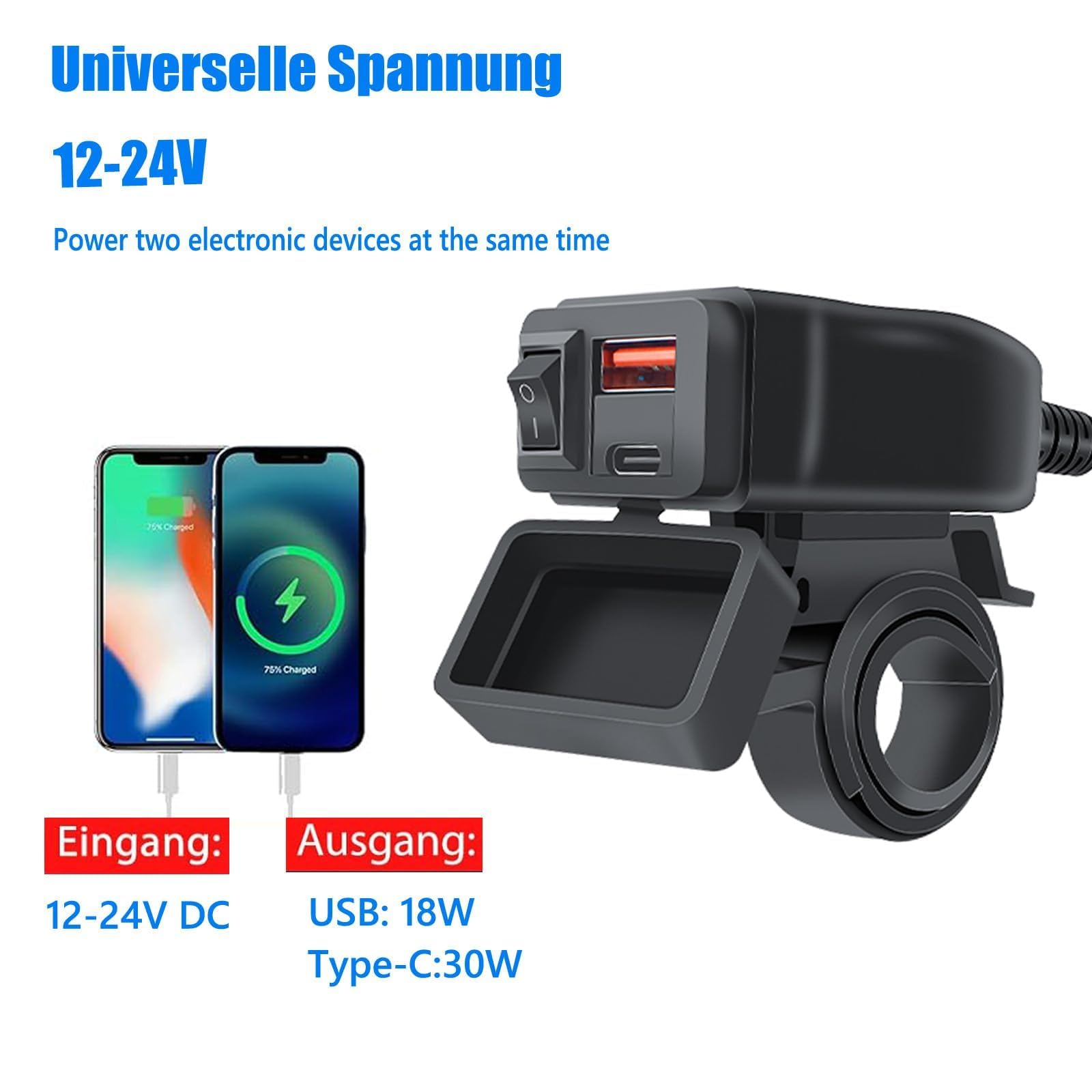 Intckwan Motorrad USB Ladegerät - 48W QC3.0 & PD3.0 Mit Voltmeter IP65