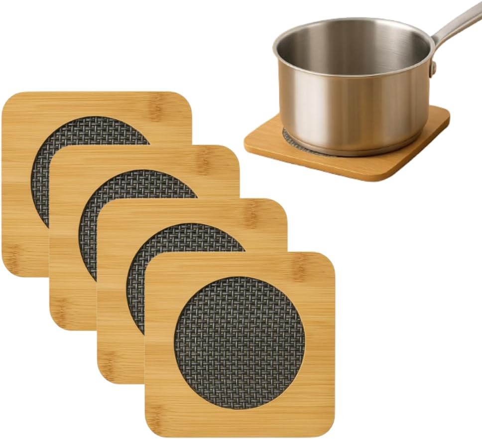 Kit 4 Descansos de Panela em Madeira Quadrado – Suportes de Bambu para Panela Quente – Proteção de Mesa – Utensílio de Cozinha Antiderrapante Resistente ao Calor – Shop100