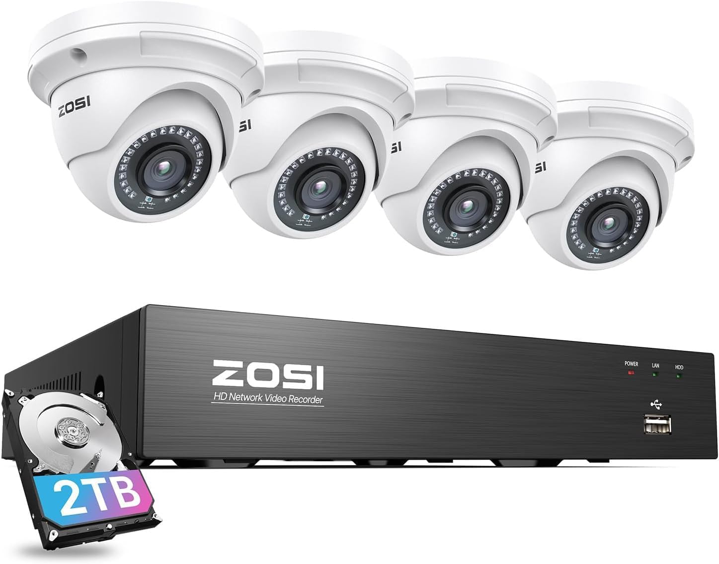 ZOSI 8CH PoE Home Security Camera System, 4pcs 5MP Metal Dome Cam, 2TB HDD