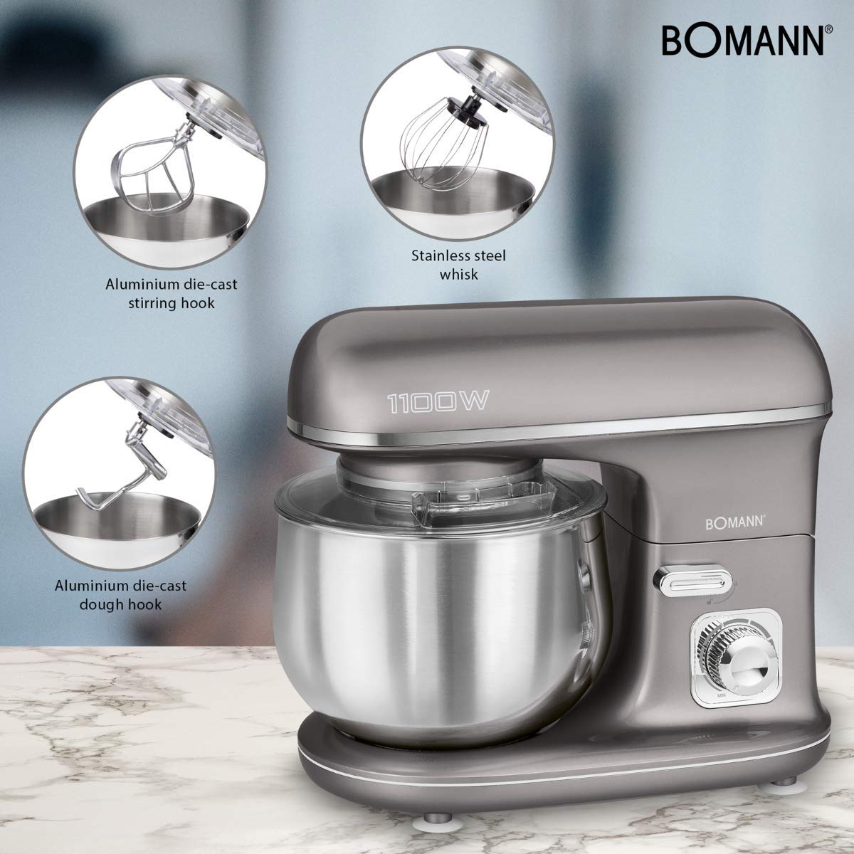 Bomann KM6010CB Impastatrice Professionale 1100W – Robot Da Cucina Multifunzione Con Frusta E Gancio, Ciotola 5 Litri, Titanio