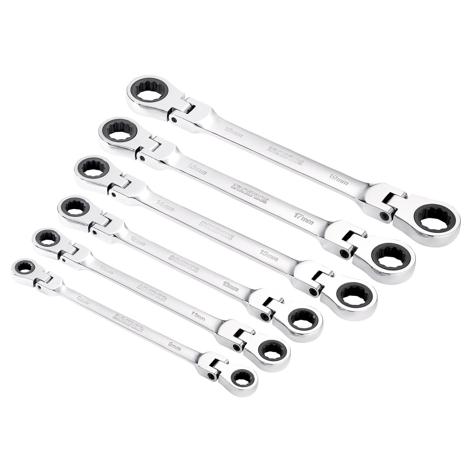 Draper Hi-Torq® Metric Flexible Head Double Ring Ratchet Spanner Set (6 Piece) Each 6 27762