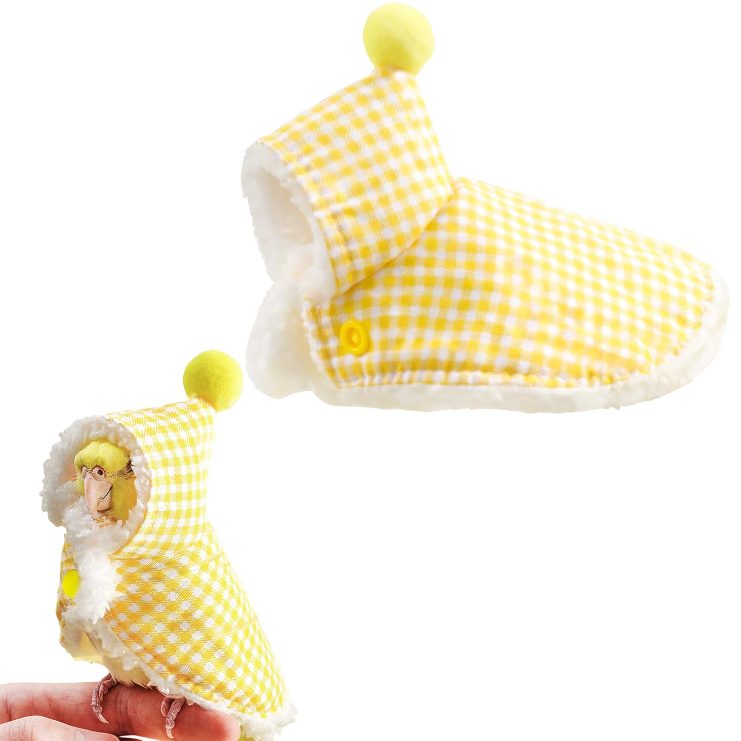 Flavizo Parrot Winter Clothes, L Size Light Yellow Plush Cloak with Snap Buttons & Hood | Ultra-Soft Warm Bird Coat for Conures, Cockatiels, Budgies for Cold Weather Protection
