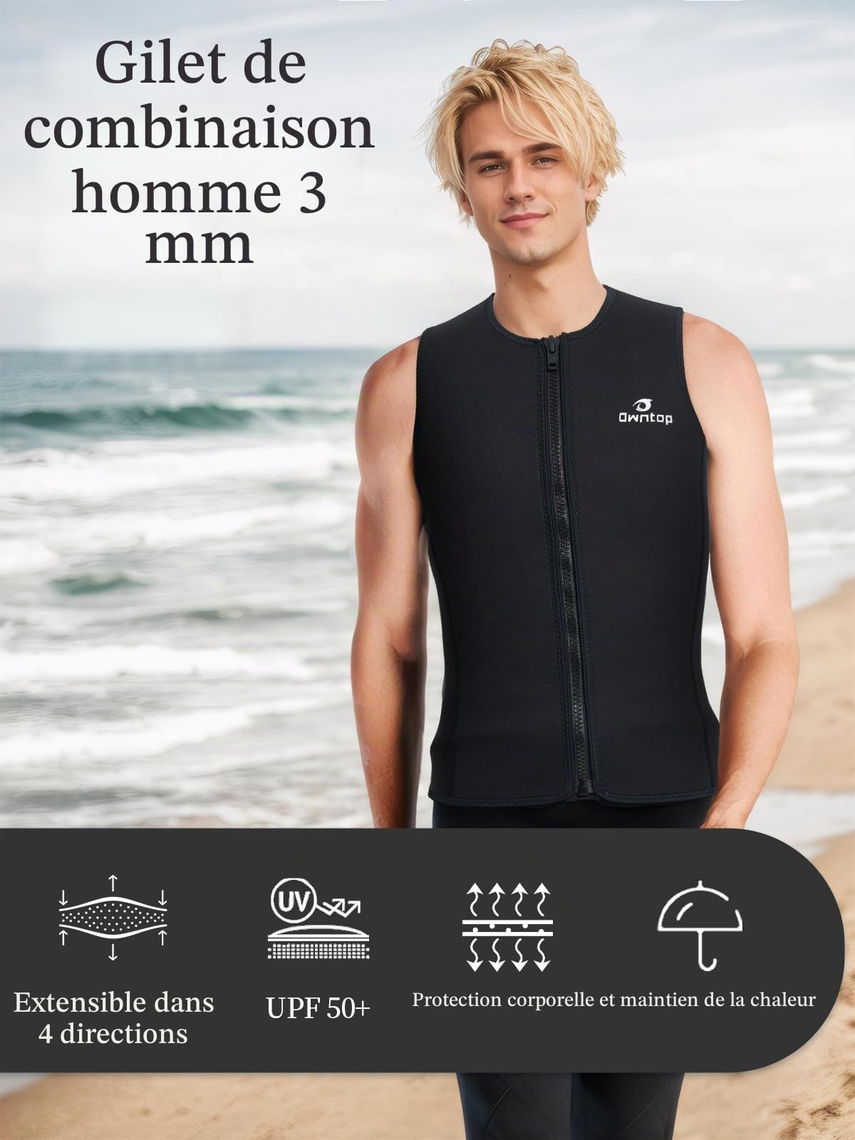 Owntop Haut de combinaison de plongée pour homme et femme | Gilet thermique sans manches en néoprène de 3 mm | Veste de plongée chaude et confortable | Surf, plongée avec tuba, natation, plongée