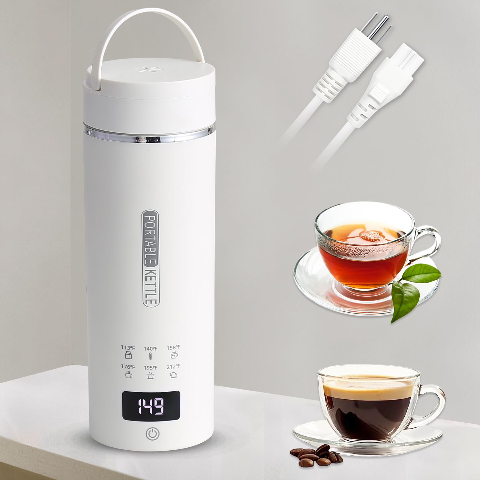 Bouilloire de voyage portable avec 6 contrôles de température, acier inoxydable 304, avec protection d'arrêt automatique et anti-ébullition, blanc