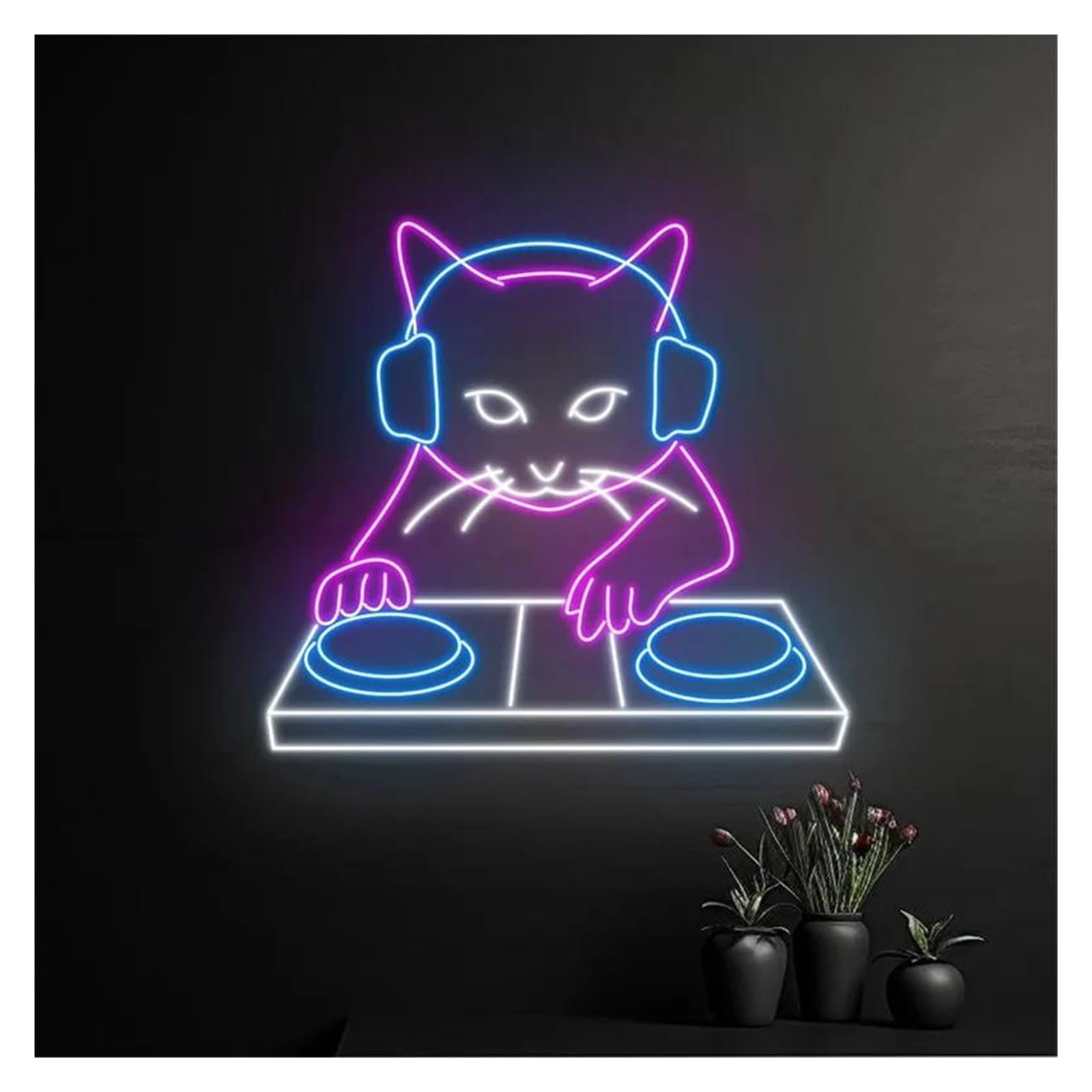 Insegna al Neon Insegna Al Neon A Con Gatto DJ Che Suona Musica Per Bambini, Camera Da Letto, Negozio Di Animali, Decorazione Da Parete Per La Casa, 38cmx35cm