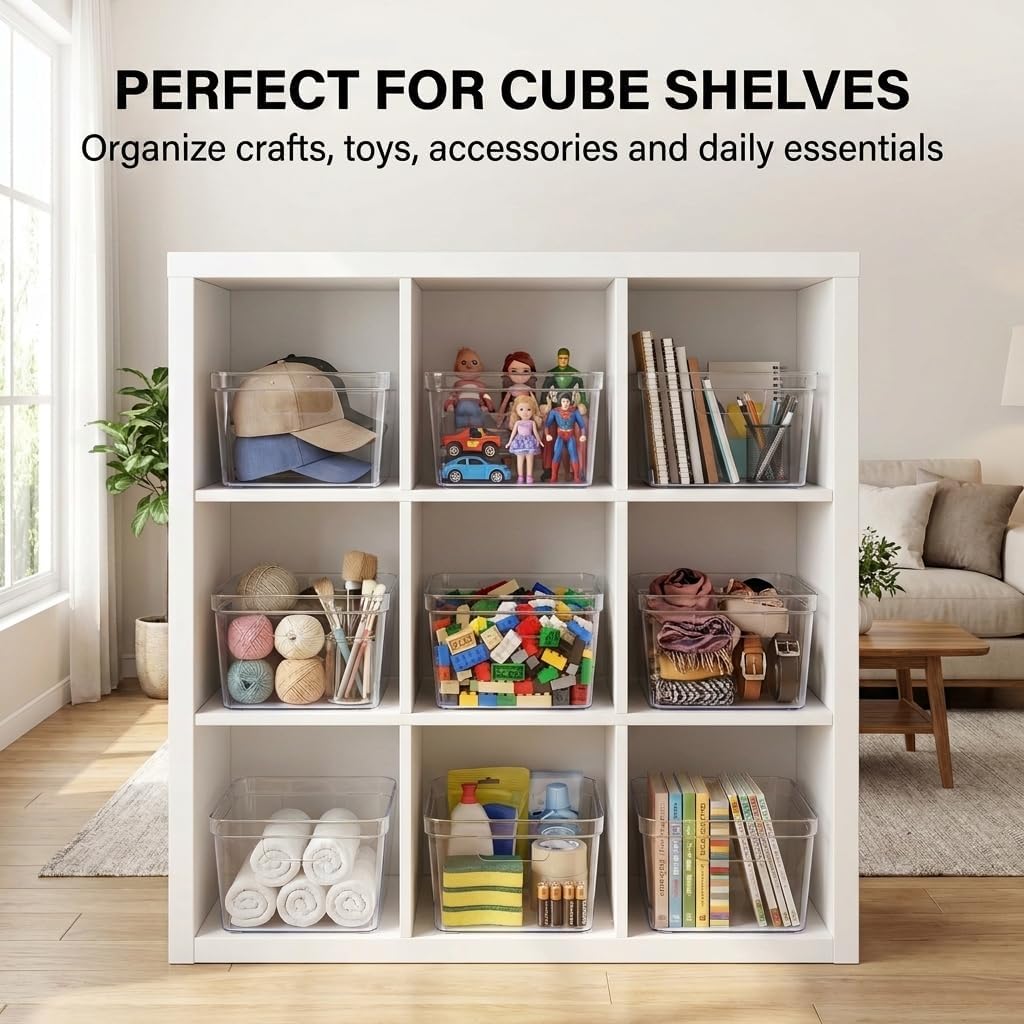 MOONEDGE 8-Pack Clear Cube Storage Bins, 10x10 Open-Top Plastic Organizer Boxes, Square PET Containers for Closet,Pantry,Kitchen,Fridge,Playroom,Bathroom,Undersink and Whole Home Organization
