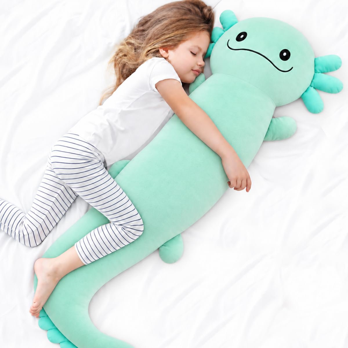 48 inch Giant Axolotl Plush Stuffed Animal, Big Light Green Axolotl Glow in The Dark Fluorescent Plushies, Jumbo Stuffy Body Pillow Gifts for Kids Adults, Birthday