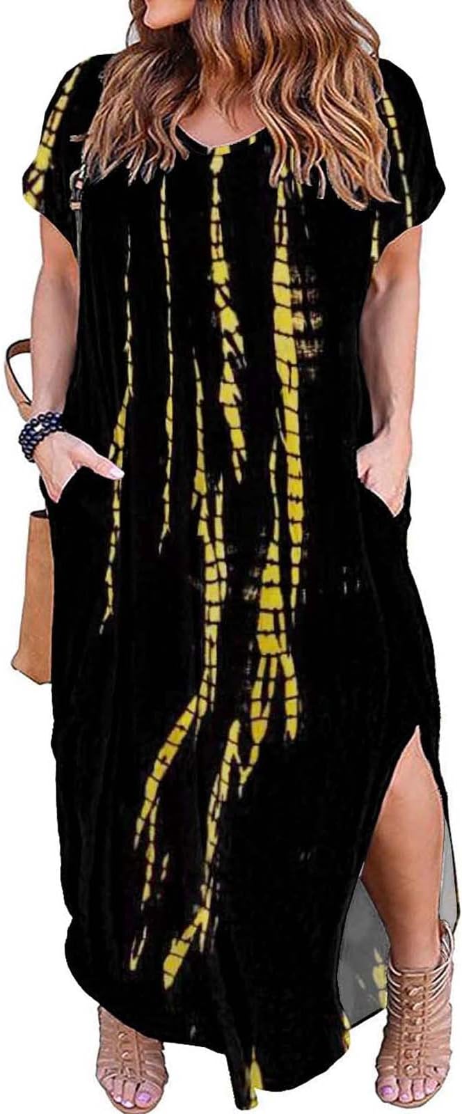 Kancystore Women's Plus Size Dresses Summer Casual Loose Pocket Short Sleeve Slits Long Maxi Dress XL-5X