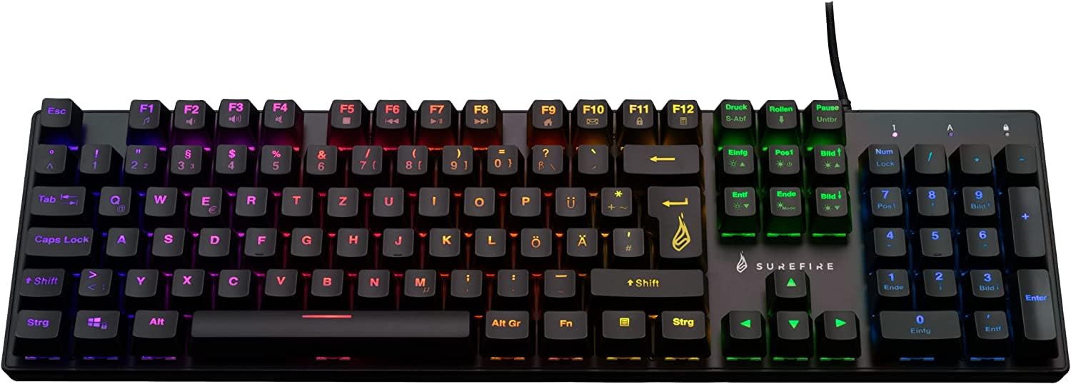 SureFire Kingpin M2 mechaniczna klawiatura gamingowa w języku niemieckim, klawiatura multimedialna do gier, pełny rozmiar, klawiatura RGB z oświetleniem, 100% klawiszy Anti-Ghosting, układ QWERTZ