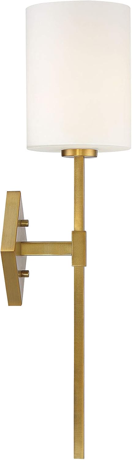 Savoy House 9-0902-1-322 Destin Vintage Mid-Century Modern White Opal Glass Wall Sconce, 1-Light 60 Watt, 25" H x 6" W, Warm Brass