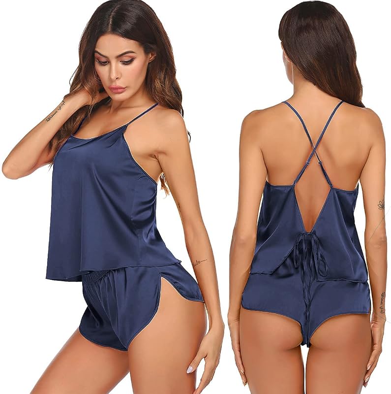 Ekouaer Conjunto de pijama de seda para mujer de satén sin espalda, lencería Pjs Cami Top y pantalones cortos ropa de dormir