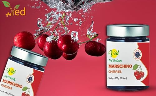 Ved Gourmet Original Red Maraschino Kirschen - Italienische Kirsche für Old Fashioned Cocktails - Veganer Cocktail, Bourbon-Kirschen in natürlichem Sirup zum Cocktail-Topping - (300-g-Glas (1er-Pack))