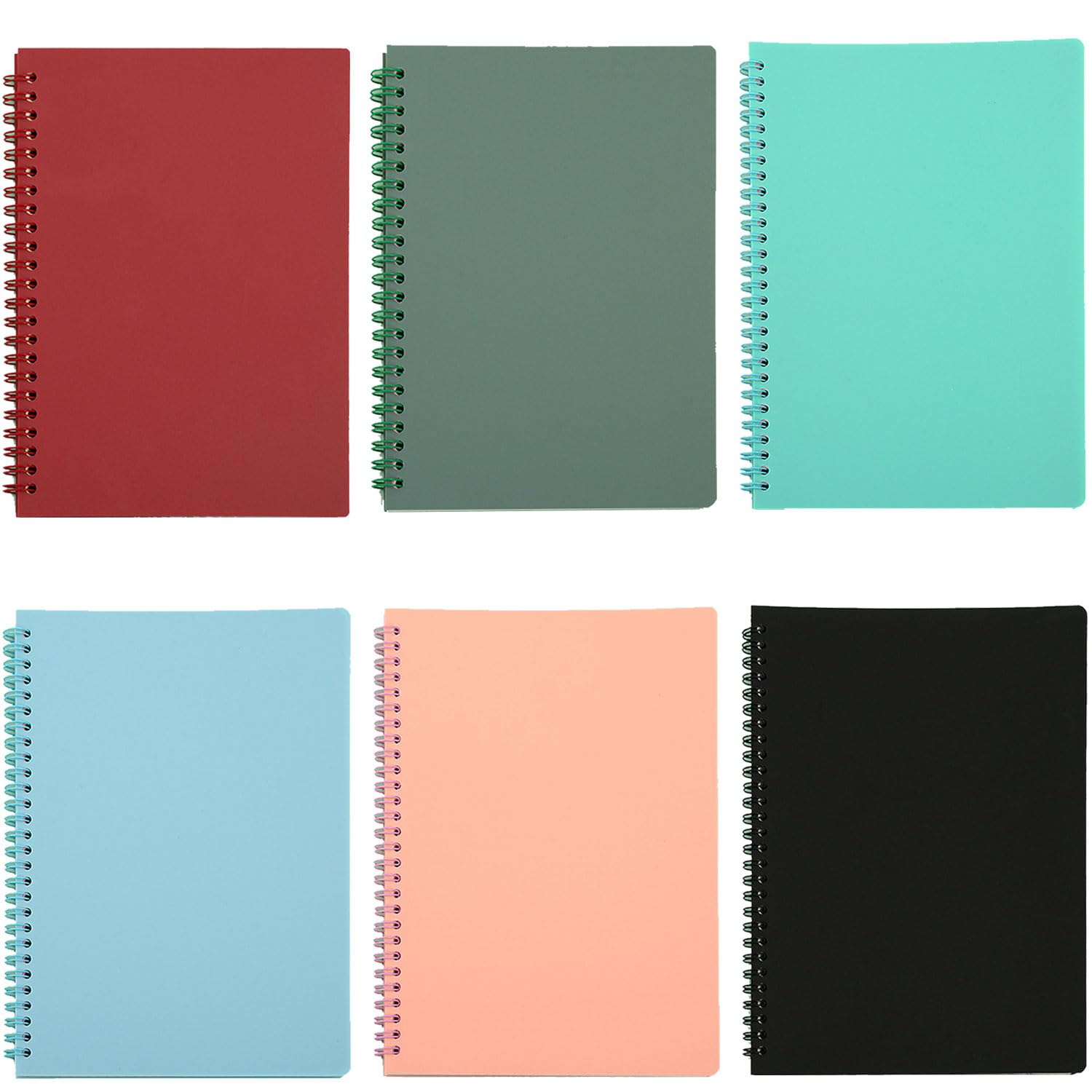 Spiral Notebooks, 6 Pack A5 College Ruled Paper, 8.3x5.7inch Thick Plastic Hardcover Soft Cover Notebooks with Twin-Wire Binding, Portable 80 Sheets Lined Paper for Office Study and Notes, 6 Color