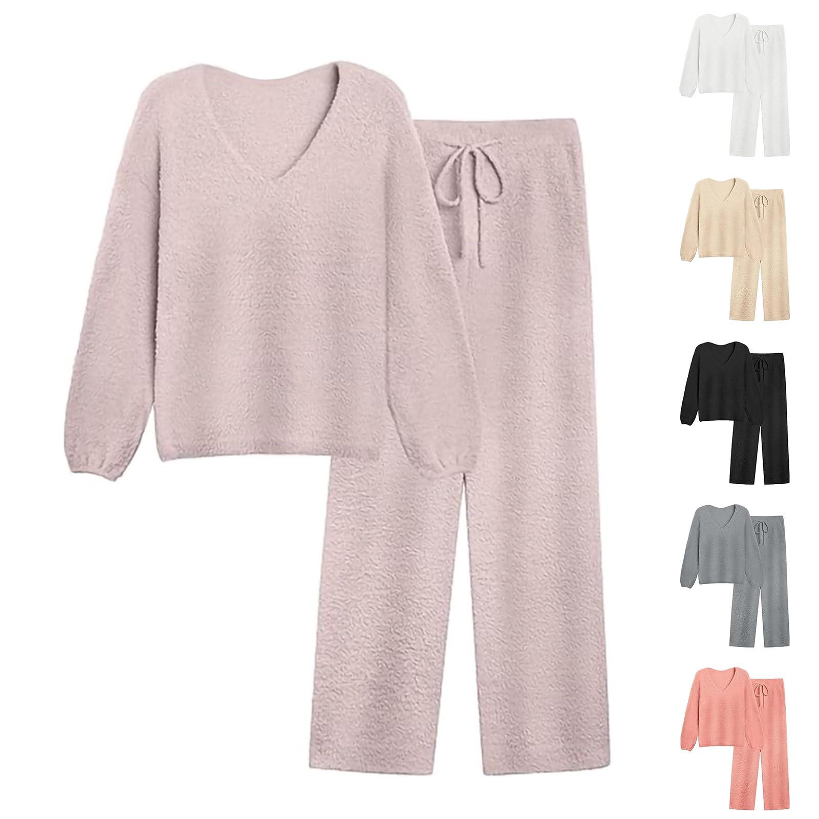 Pigiama da donna, 2 pezzi, a maniche lunghe, con scollo a V, biancheria da notte e con coulisse, comodi pigiami invernali, tinta unita, per il tempo libero