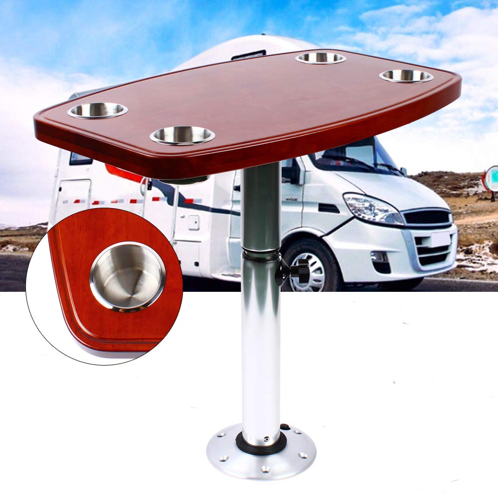 Mesa telescópica con cremallera para barcos, con 4 soportes para bebidas, caravanas, yate, roble lacado, mesa de caravana, yate, mesa de roble