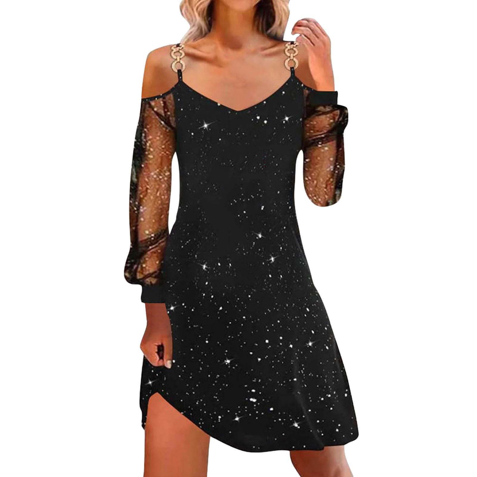 Women Christmas Dresses UK Sexy Spaghetti Strap Tank Dress with Mesh Long Sleeve Santa Xmas Dresses Plus Size Women's Soft Santa Costume for Chirstmas Party Prom