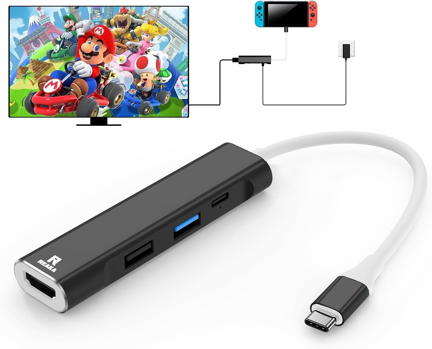 RREAKA Switch Dock for Nintendo Switch OLED, 4 in 1 TV Adapter with HDMI 4K, USB 3.0 Port, 100W Type-C Charging, Portable Travel Docking Station, Samsung Dex S24, MacBook (Black & White)