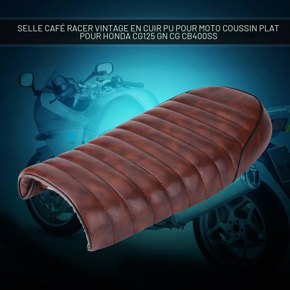 Siège de Moto en Cuir PU Vintage Cafe Racer Siège de Siège Plat Coussin de Selle