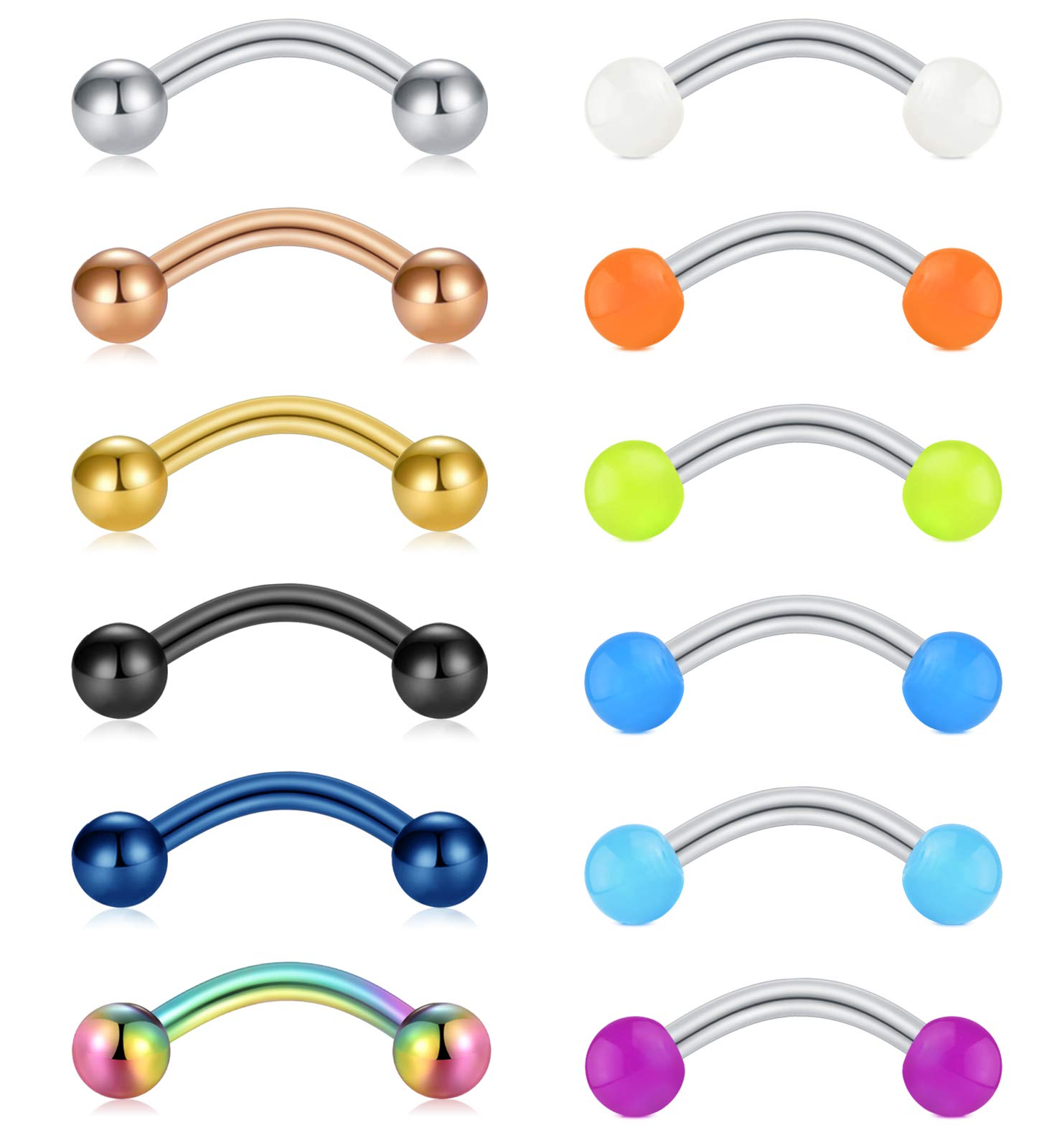 Briana Williams12 Piezas Barra de Cejas Piercing Rook 16G Acero Quirúrgico Barbell Curvo Helix Daith Tragus Pendientes Joyería