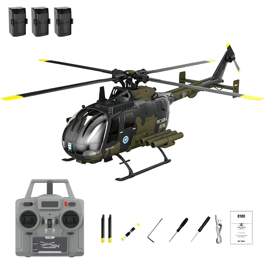 C180 BO105 6CH Remote Control Helicopter, 1:25 Scale 2.4G 6-Axis Gyro Brushless Motor RC Helicopter with Barometric + TOF Radar Dual Altitude Hold & Optical Flow Positioning - Camouflage/3 Battery