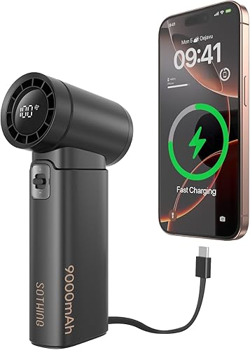 SOTHING Ventilador de mano  Ventilador portátil con cargador de batería, 9000 mAh recargable de 18 W de carga rápida, entrada tipo C, flujo de aire