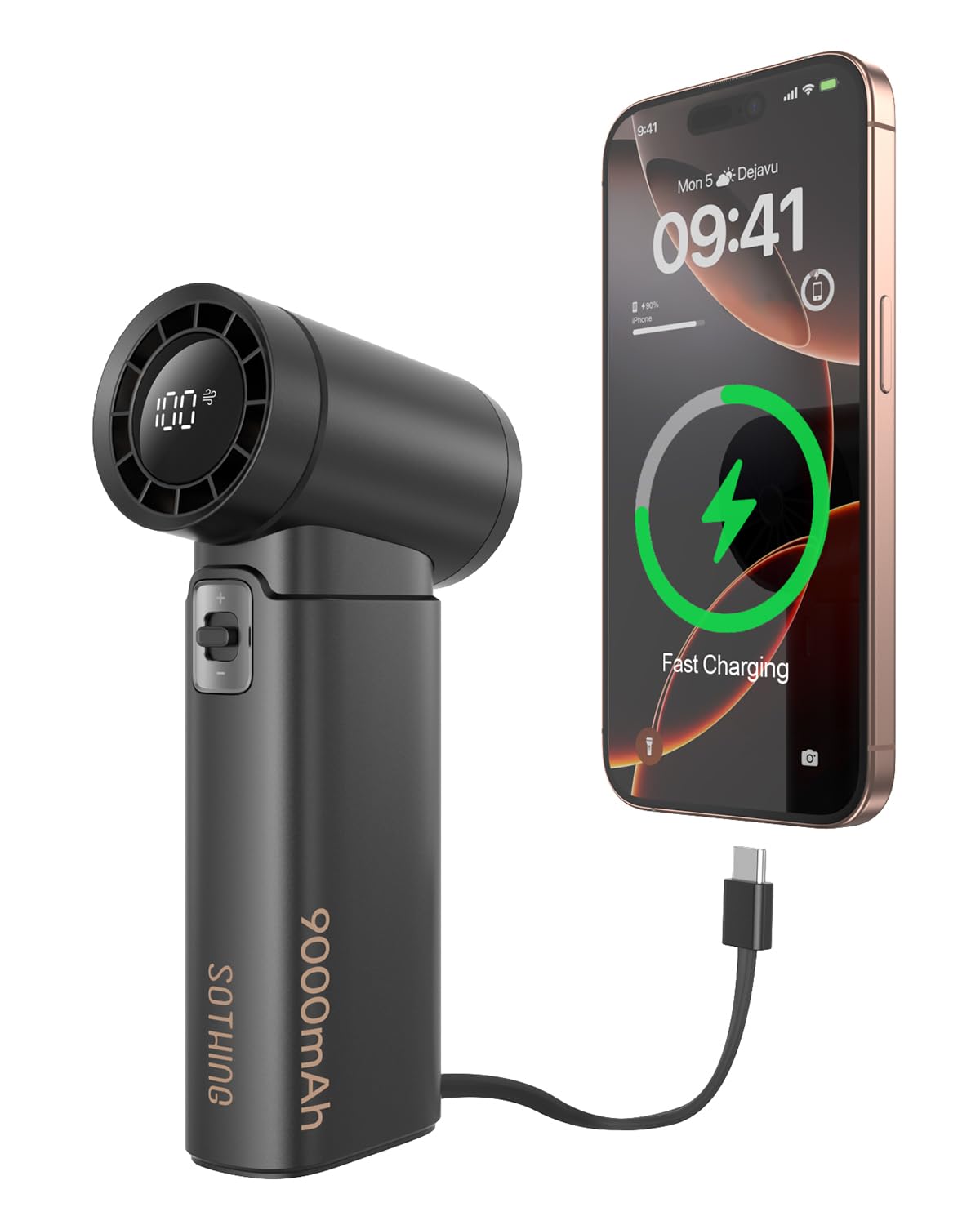 SOTHING Handheld Fan - Portable Fan with Charger Power Bank, 9000mAh Rechargeable 18W Fast Charging, Type-C Input, 50000RPM High Speed Turbo Airflow