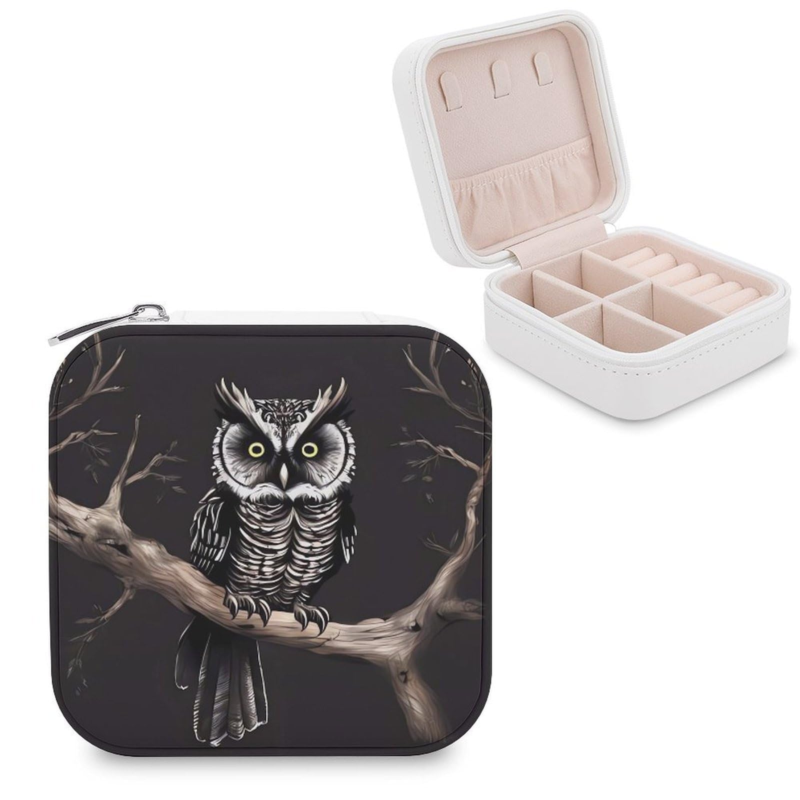 VstaDank Late Night Owl Jewelry Box Exquisite Leather Jewelry Organizer Portable Trinket Organizer Fashion Travel Jewelry Case for Rings Earrings Necklaces Unique Gifts for Women