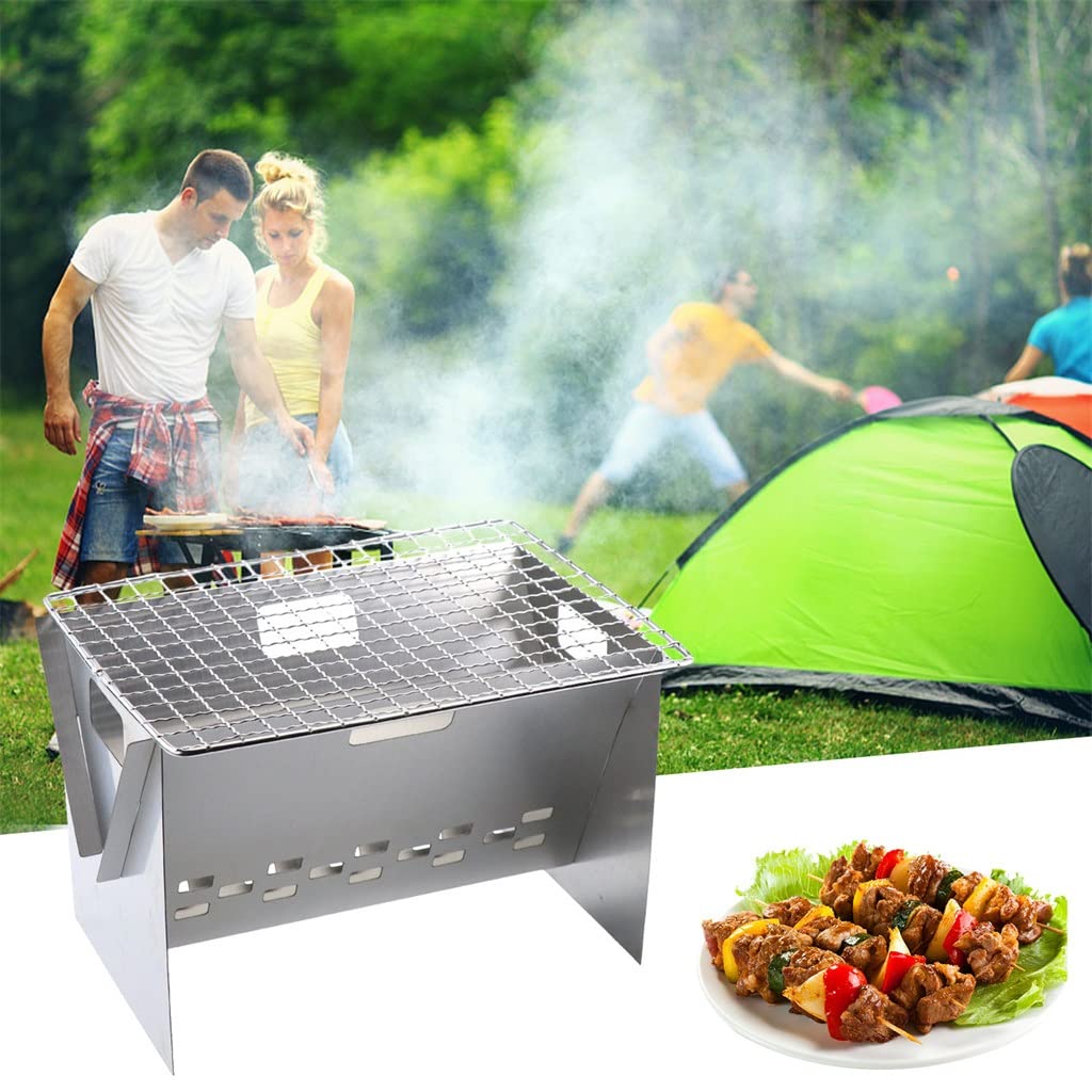 KANBUN - Parrilla plegable de acero inoxidable con bolsa de transporte, parrilla de carbón portátil para camping, barbacoa, picnic, doble comodidad