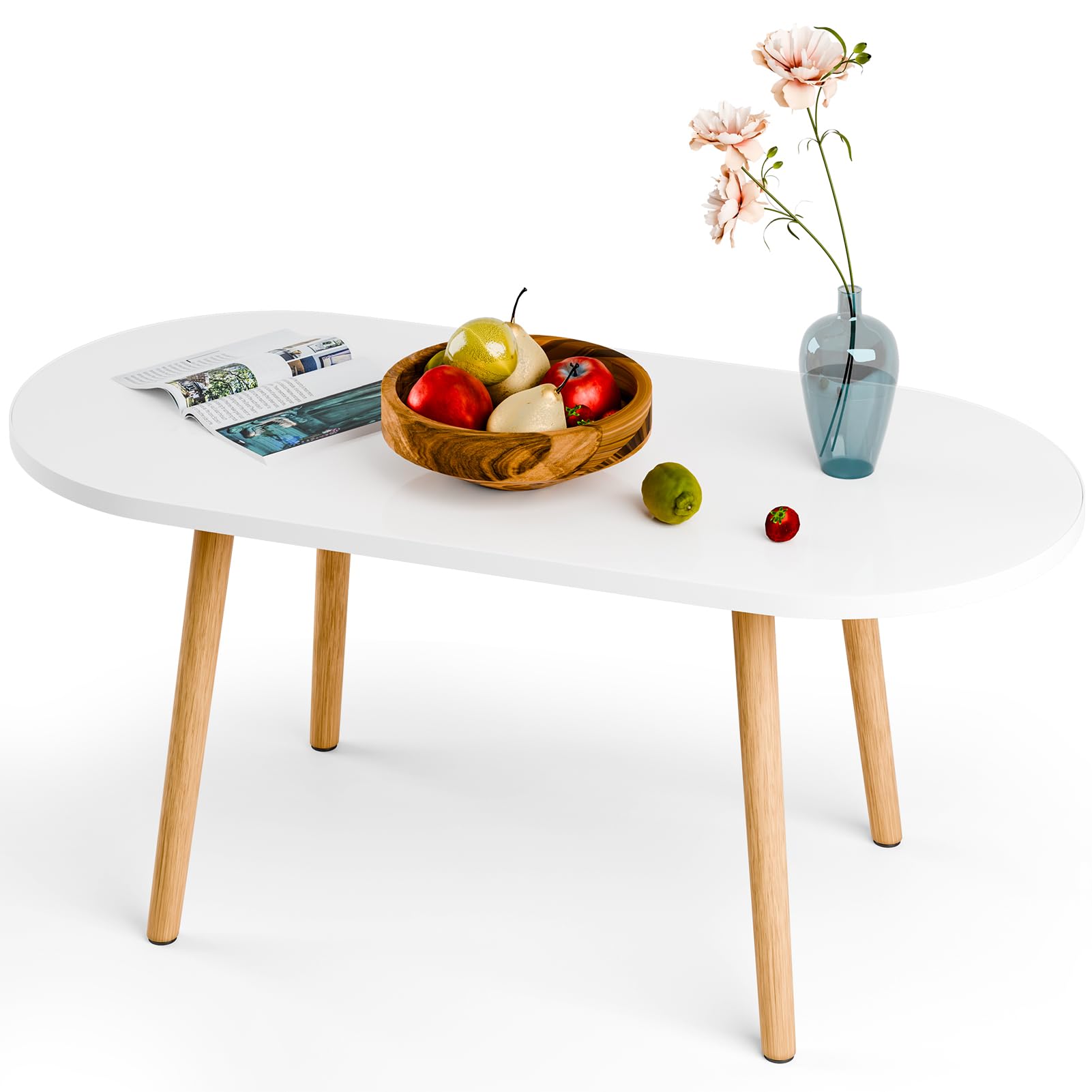 White Small Coffee Table Tea Table for Living Room Coffee Table for Rounded Edge Solid Legs Easy Assembly