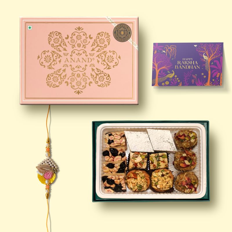 Image of ANAND Royal Delicacies Assorted Sweets Gift Box with Rakhi & Greeting Card | Mithai Hamper with Kaju Katli, Barfi & More | Raksha Bandhan Gift for Bhaiya, Bhabhi & Family | 350g | Festive Pack