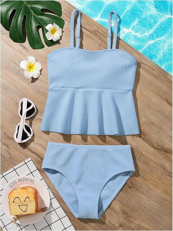 Image of QJQ Girl's 2 Piece High Waisted Swimsuits Ruffle Waffle Bathing Suit Summer Cute Bikini Sets