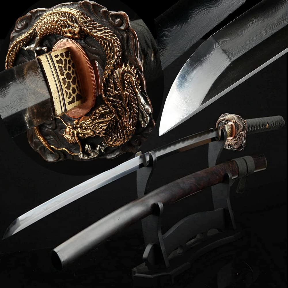 GLW Sword Rare Boutique Handmade Gilt Dragon Tsuba Real Katana Japanese Samurai Sword Katana Clay Tempered Folded Steel Sharp Blade
