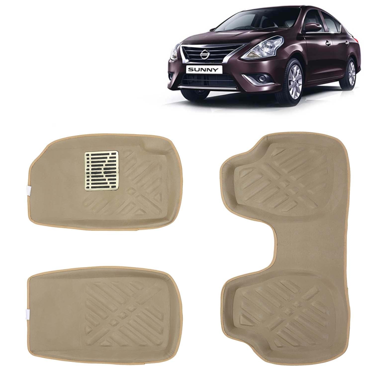KINGSWAY® 3D Car Floor Foot Mats Compatible with Nissan Sunny (Year 2014 to 2020) - Complete Set of 5 Pieces, PVC Material Car Mat, 100% Washable, Color Beige