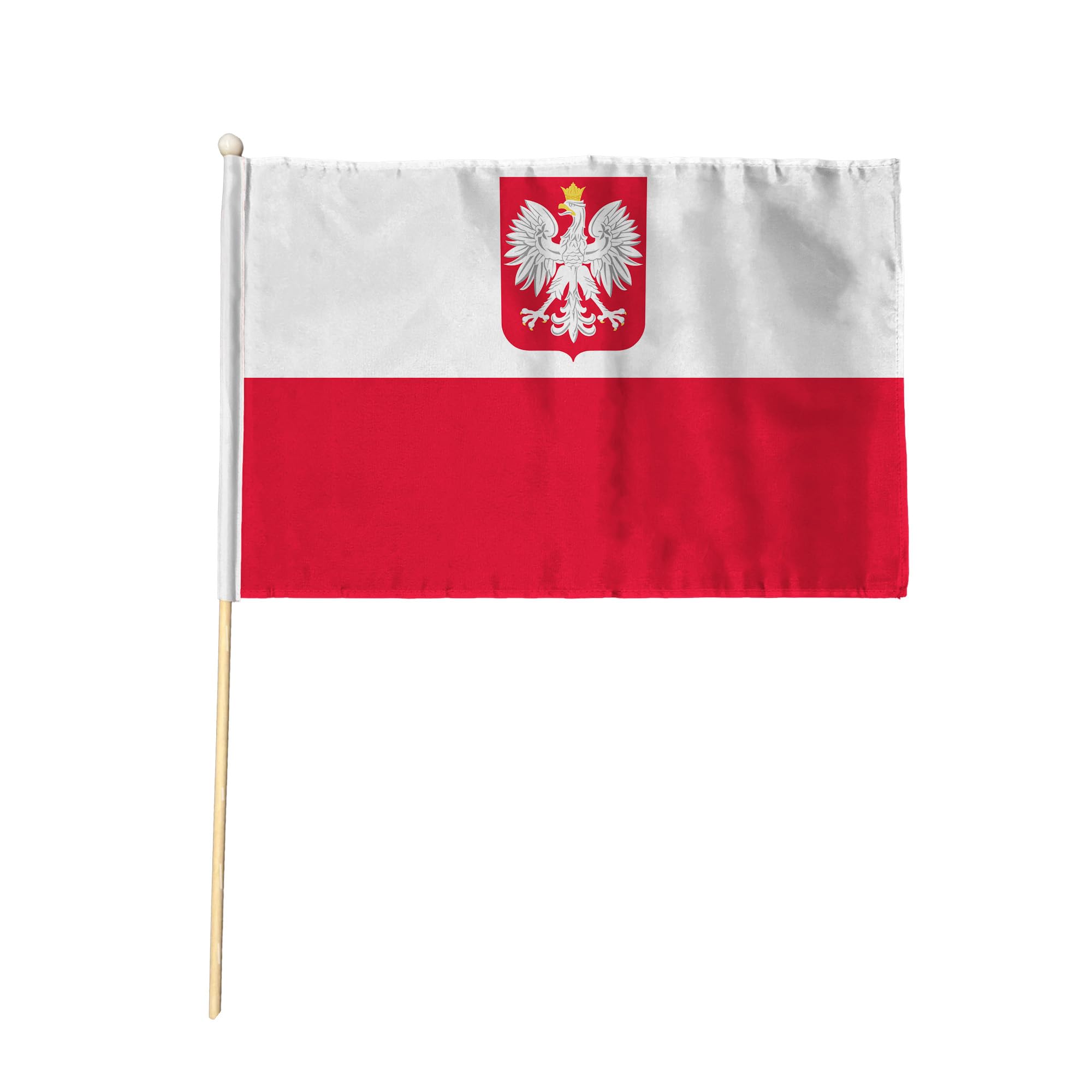 Flagtex Poland with Crest Hand Waving Flag (18x12 Inch Large) - Premium Wooden Stick Hand Flag Big Size Natural Wood Pole European White Red Eagle Coat of Arms State Flag